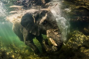 Underwater photography of swimming elephants, wildlife