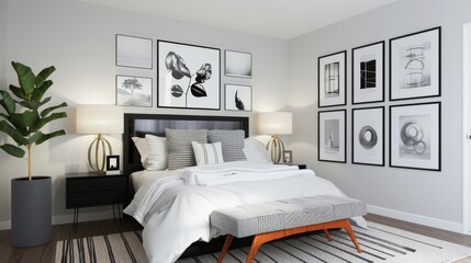 Minimalist Bedroom with Black-and-White Gallery Wall AI Generated.