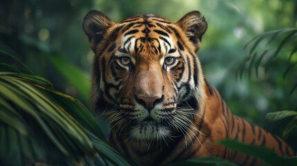 tiger in close up They display awe-inspiring features and intense gazes in their natural habitat.