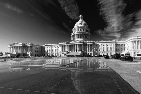 Capitol building in black and white with reflection, Washington DC