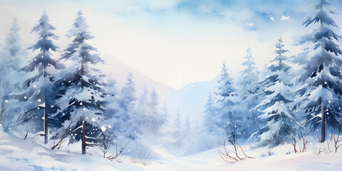 Fototapeta na wymiar Watercolor Painted Landscape with Snow-Covered Trees