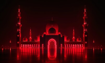 Fototapeta na wymiar Red Silhouette of Mosque with Negative Space for Ramadan