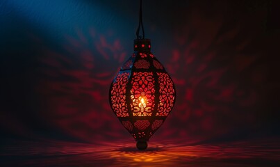 Fototapeta na wymiar Red Glowing Lantern Silhouette for Ramadan and Eid Mubarak
