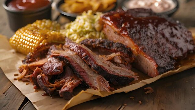 A trio of meats pulled pork brisket and chicken are piled high on a platter each showcasing a unique smoke ring from hours spent on the grill. The accompanying sides of creamy