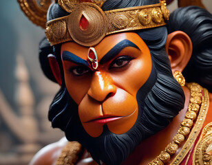 "Craft an awe-inspiring image of the revered superhero Hanuman, drawing on traditional iconography and infusing it with a contemporary, powerful aesthetic. Showcase his strength, devotion, and divine 