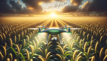 Fotobehang AI-powered agricultural drone enhances farming landscape with vibrant crops. © Kylan