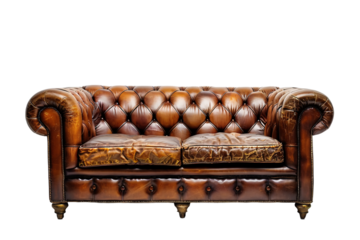 antique leather sofa or couch isolated on a transparent background, old Chesterfield sofa cut out PNG