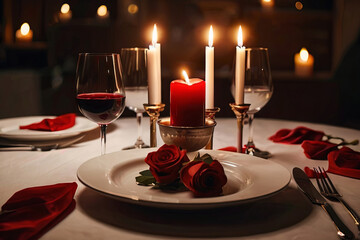 Romantic candlelit dinner setup with heart-shaped centerpiece for memorable Valentine's Day celebration. HD realism captures intimate ambiance.