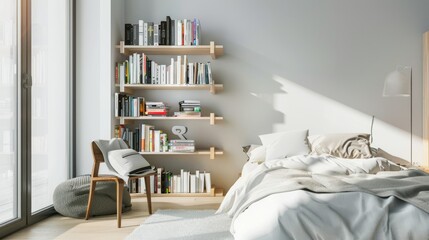 Cozy Minimalist Bedroom with Wall-Mounted Bookshelf and Reading Corner