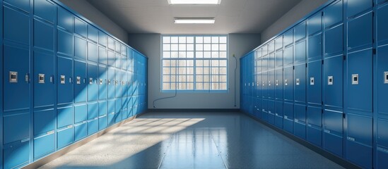 a room with blue lockers