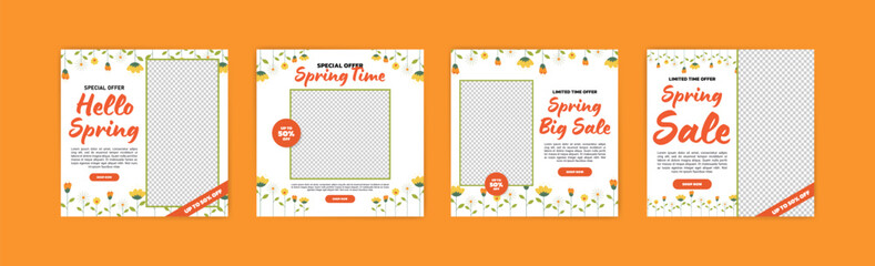 Social media post for spring sale. Spring sale banner with beautiful colorful flowers. Spring banner with 50% discount. - obrazy, fototapety, plakaty