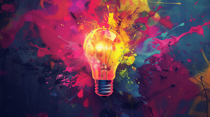 Creative Explosion: Light Bulb Amidst Colorful Paint Splatters on Dark Background - obrazy, fototapety, plakaty