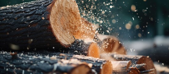Logs being chopped for firewood, shown up close with flying particles.