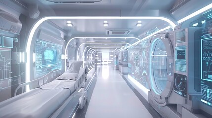 A futuristic hospital scene interspersed with innovative medical technology in a 3D animation