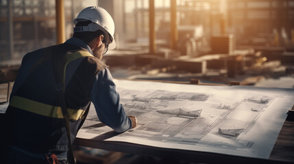 Engineer looking at building blueprints at construction site. construction engineer working on his job, back view