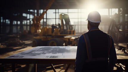 Engineer looking at building blueprints at construction site. construction engineer working on his job, back view