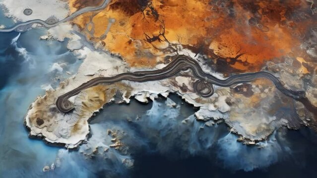 An aerial view of a hot spring, revealing the diverse ecosystem of thermophiles, or heatloving microorganisms, living within the scalding water.