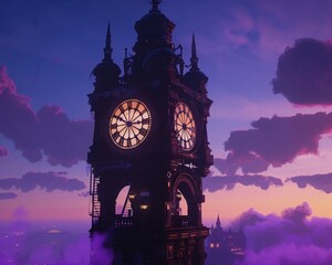 A steampunk-inspired clock tower set against a lavender sunset