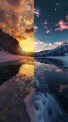 A surreal scene merging day and night