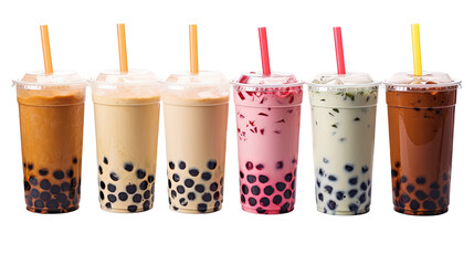 Various Bubble Tea or Baba on white isolated on clear png background and transparent background. food drink and dessert concept for cafe and restaurent, AI generative.	