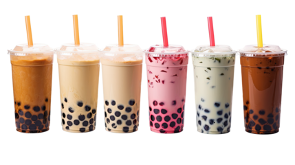 Various Bubble Tea or Baba on white isolated on clear png background and transparent background. food drink and dessert concept for cafe and restaurent, AI generative.	