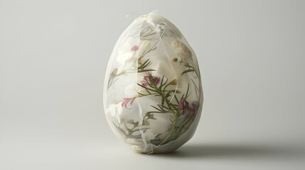 A minimalistic Easter egg wrapped in translucent vellum paper, showcasing delicate pressed flowers and foliage