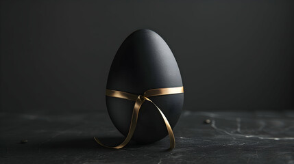 A monochromatic Easter egg wrapped in sleek matte black paper, accented with a single metallic gold ribbon