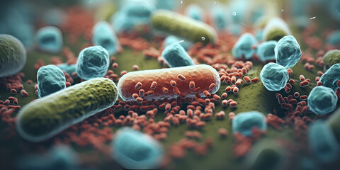 Probiotics Science biological background Microscopic bacteria's close up of a group of bacteria and a red and blue bacteria. - obrazy, fototapety, plakaty