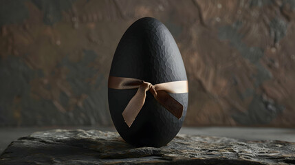 A monochromatic Easter egg wrapped in sleek matte black paper, accented with a single metallic gold ribbon - obrazy, fototapety, plakaty