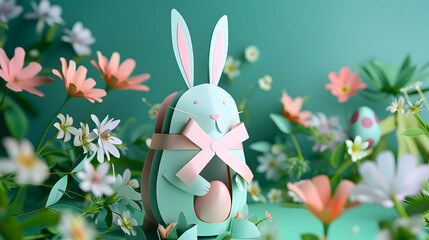 A pastel-colored paper bunny wrapping an egg-shaped gift with a delicate ribbon, against a backdrop of spring flowers