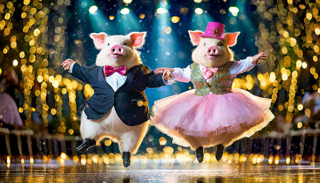ミュージカルの舞台でダンスを踊る男女の豚のダンサー