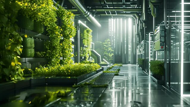 An array of tingedge technology and renewable energy sources line the walls of the microfactory promoting sustainability and efficient production.