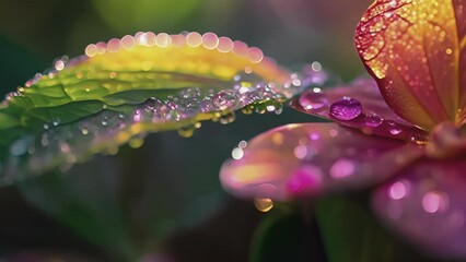 Each droplet of dew on a flower petal acts as a miniature prism casting a rainbow of colors onto the surrounding leaves. - Powered by Adobe