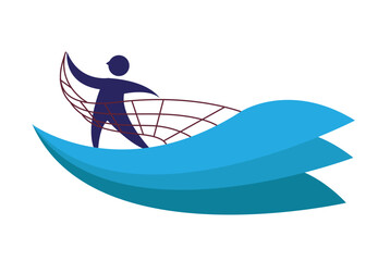 Fishery Concept. Figure of a man with a net and above ocean waves. Editable Clip Art  