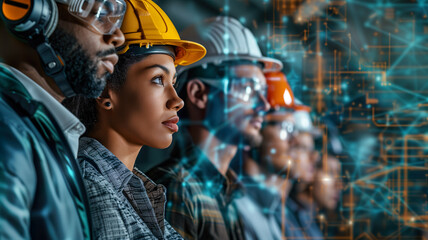 Obraz premium Professional workers in hard hats, factory or production workers, engineers