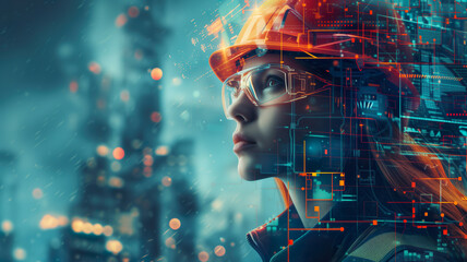 A girl in a hard hat works in a factory and production, engineer - obrazy, fototapety, plakaty