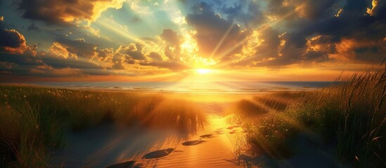 Scenic sunset image with radiant sunbeams and grassy sand dunes. - obrazy, fototapety, plakaty