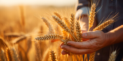 A man holds golden ears of wheat against the background of a ripening field. Farmer's hands close-up. The concept of planting and harvesting a rich harvest. Rural landscape at sunset. selective focus. - obrazy, fototapety, plakaty