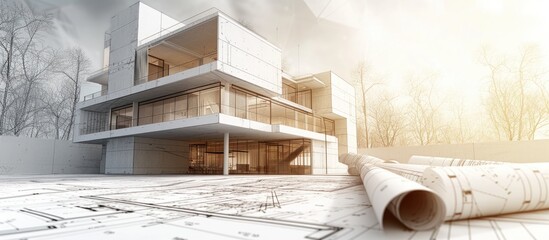 Filtered image of architectural design and blueprints.