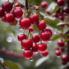 Red delicious cherries on tree, water droplets, depth of field.