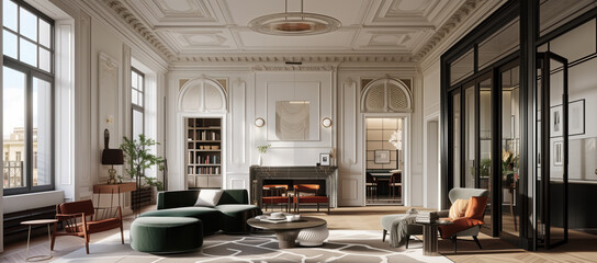 A luxury Paris, all white, French Haussmann apartment heritage interior with modern furnishings....