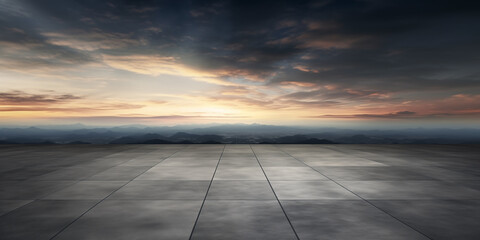 Dark concrete floor with picturesque night sky horizon, Evening light with dramatic clouds and the city.
- 738477933