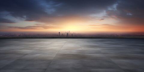 Dark concrete floor with picturesque night sky horizon, Evening light with dramatic clouds and the...
