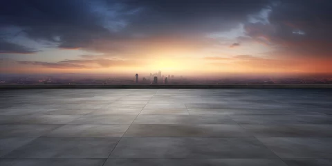 Deurstickers Dark concrete floor with picturesque night sky horizon, Evening light with dramatic clouds and the city.  © theevening