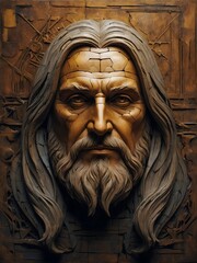 abstract background bronze and wooden sculpture in the form of a mans face resembling jesus