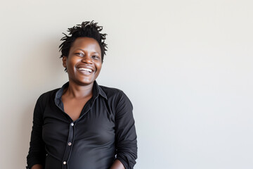 A pregnant, black, transgender African American man against a white background with room for text. 