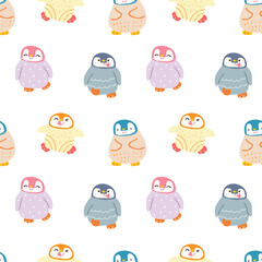 Seamless Pattern of Cute Cartoon Penguin Design on White Background