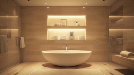 Fototapeta na wymiar Minimalist Bathroom with Freestanding Bathtub and Floating Shelf AI Generated.