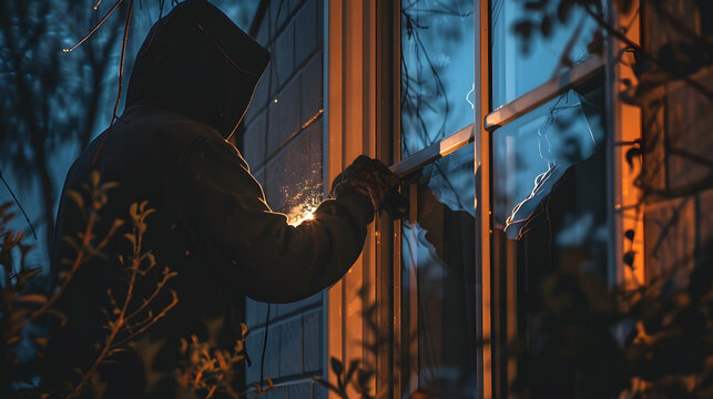 A burglar wearing a black hoodie and gloves is breaking into a house through a window, The burglar could be using a flashlight to look for valuables.