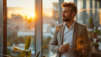 Businessman standing by the window in the office drinking coffee